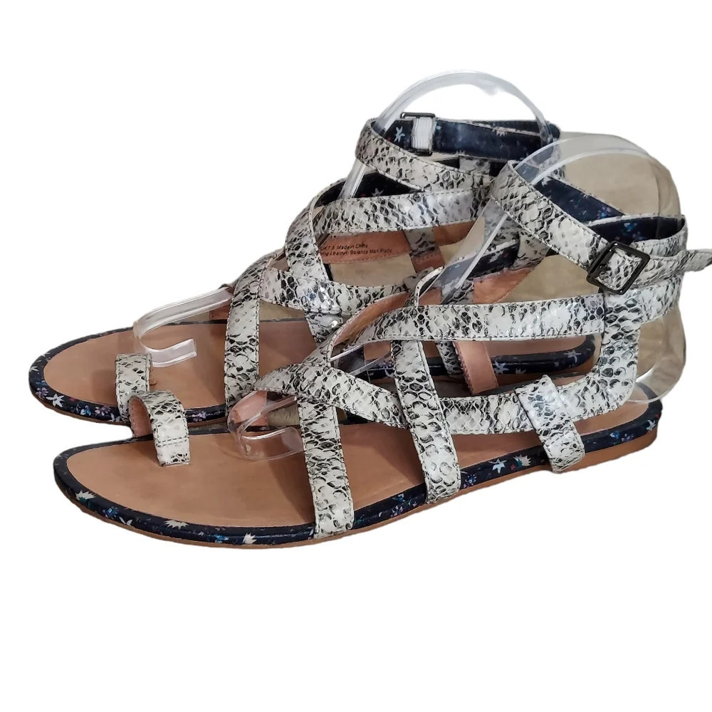 CAbi Athena Leather Snakeskin Print Ankle Wrap Sandals Toe Ring